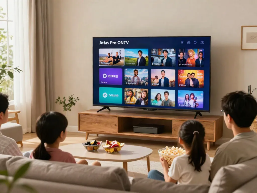 Utilisation de l'application Atlas Pro sur un téléviseur moderne dans un salon confortable avec une famille profitant de l'IPTV.