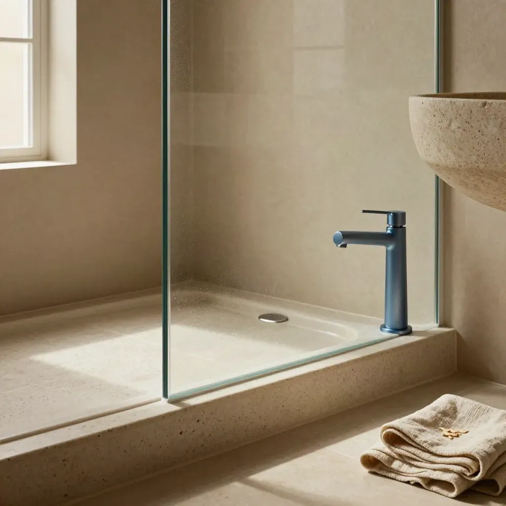 Salle de bain rénovée avec douche vitrée, vasque et lumière chaude rasante.