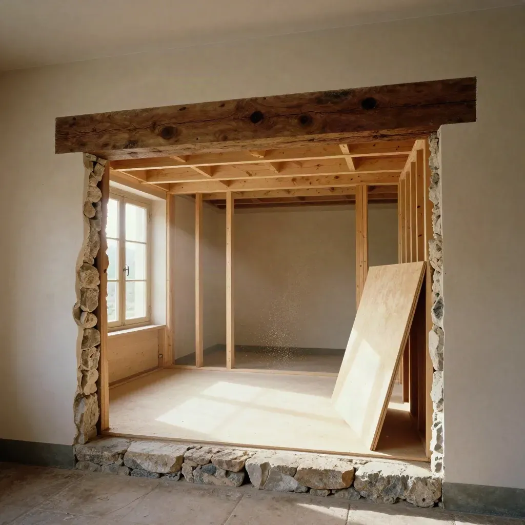 Ouverture d’extension avec poutre apparente, ossature bois et poussière de sciage dans la lumière.