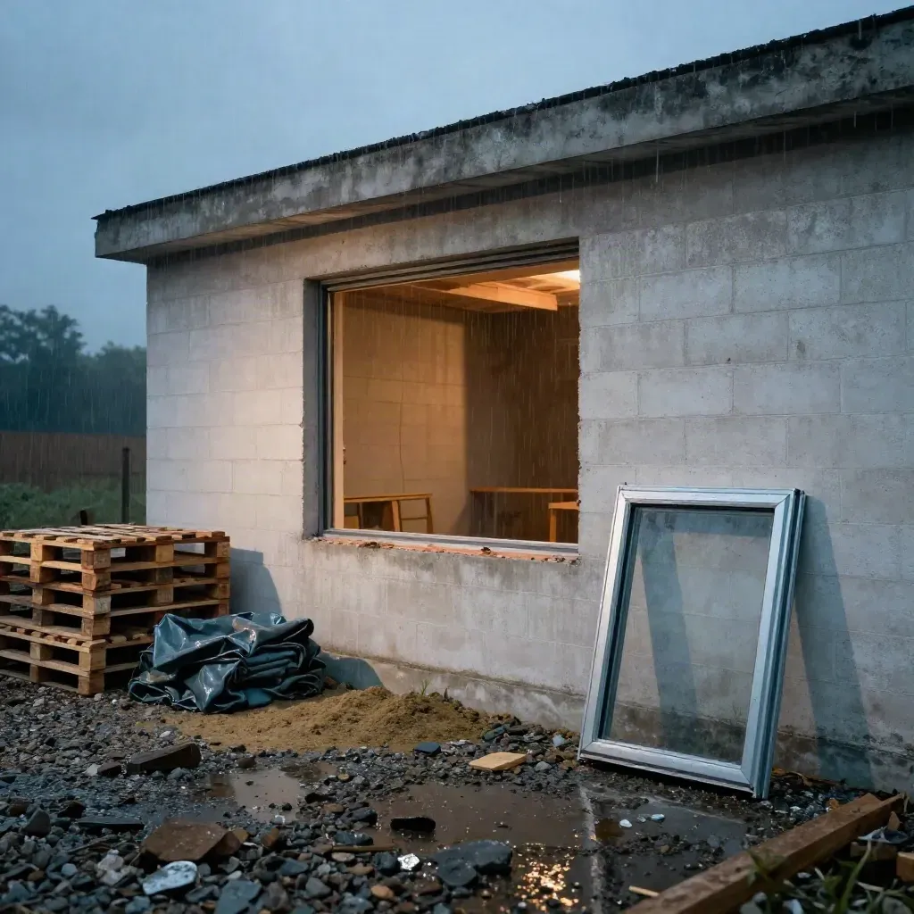Façade d’extension en parpaing, palettes de blocs et sol humide après la pluie.