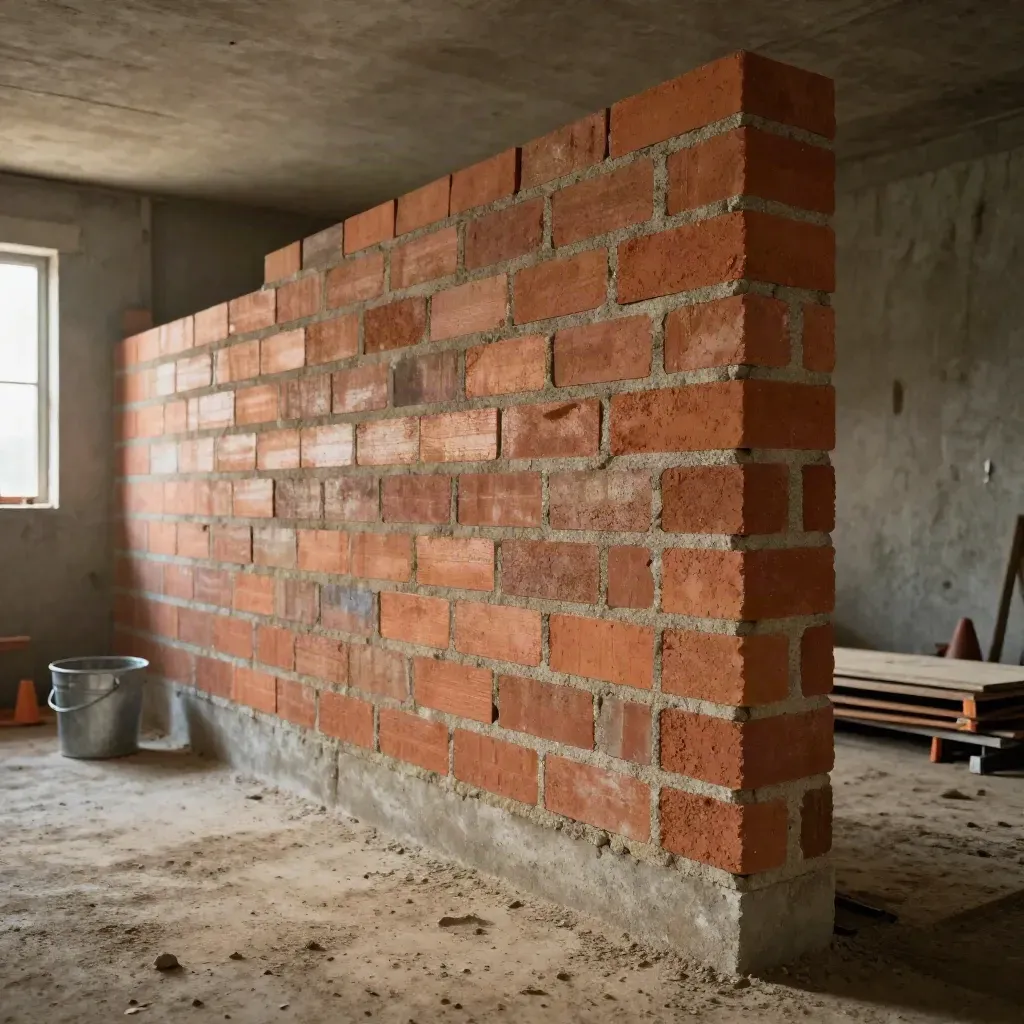 Mur de maçonnerie fraîche dans un sous-sol, seau à mortier et planches, lumière rasante.