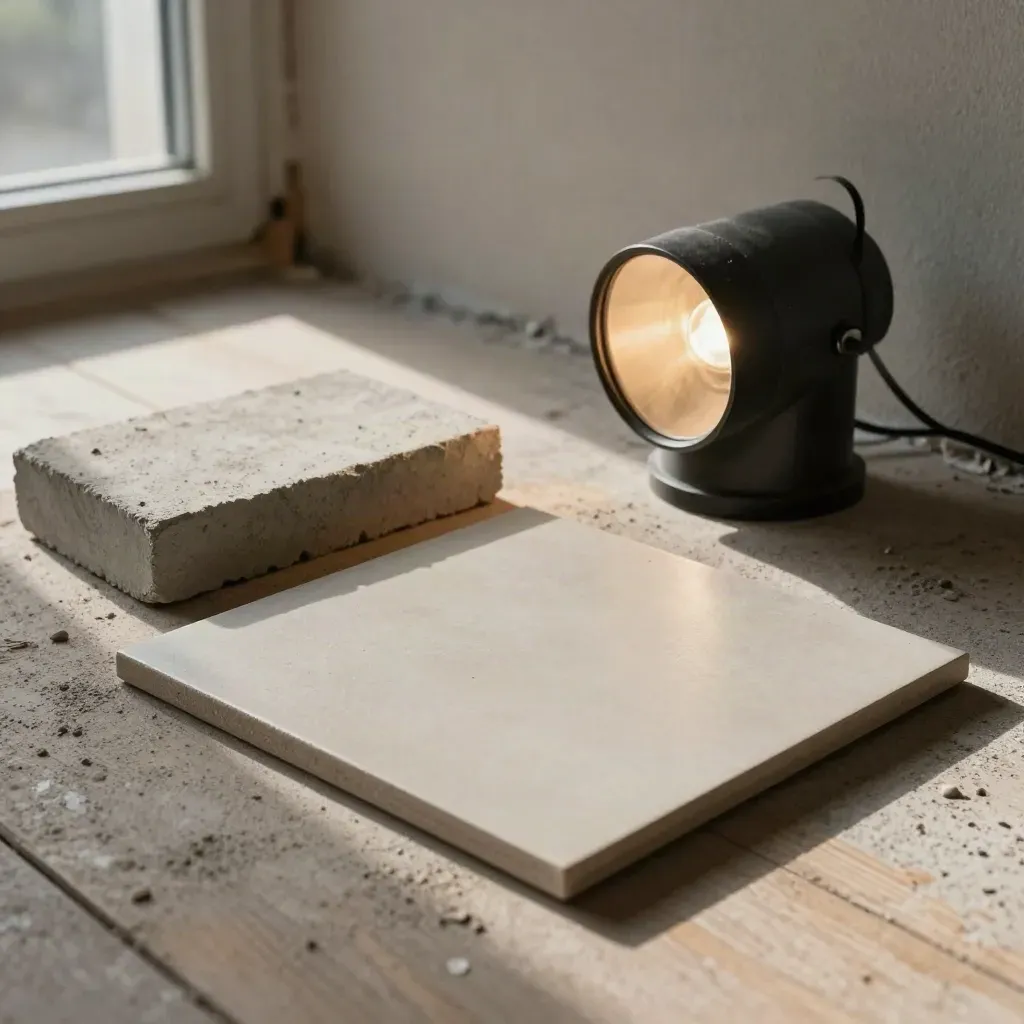 Échantillons de matériaux et lampe de chantier sur un seuil brut, lumière de fin d’après-midi.