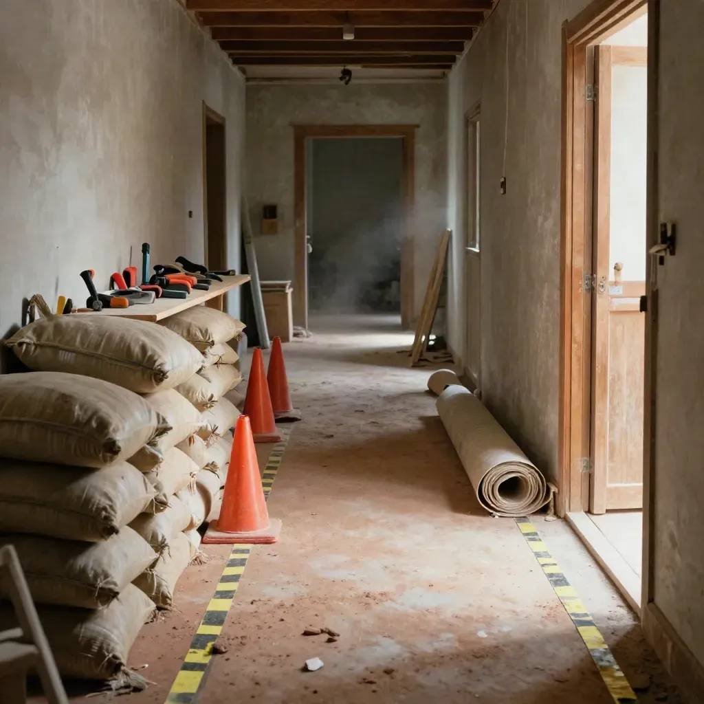 Couloir de chantier ordonné avec cônes orange, sacs scellés et zones de circulation nettes.
