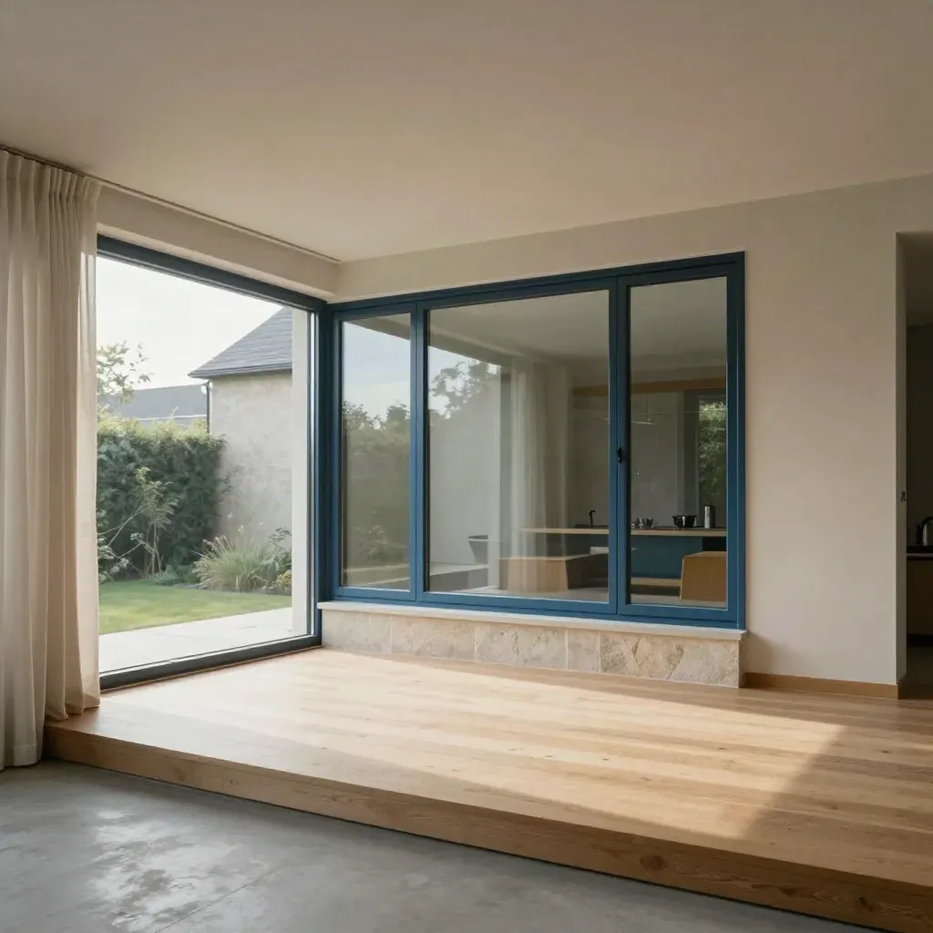 Extension de maison moderne avec grande baie vitrée, sol en bois et liaison soignée.
