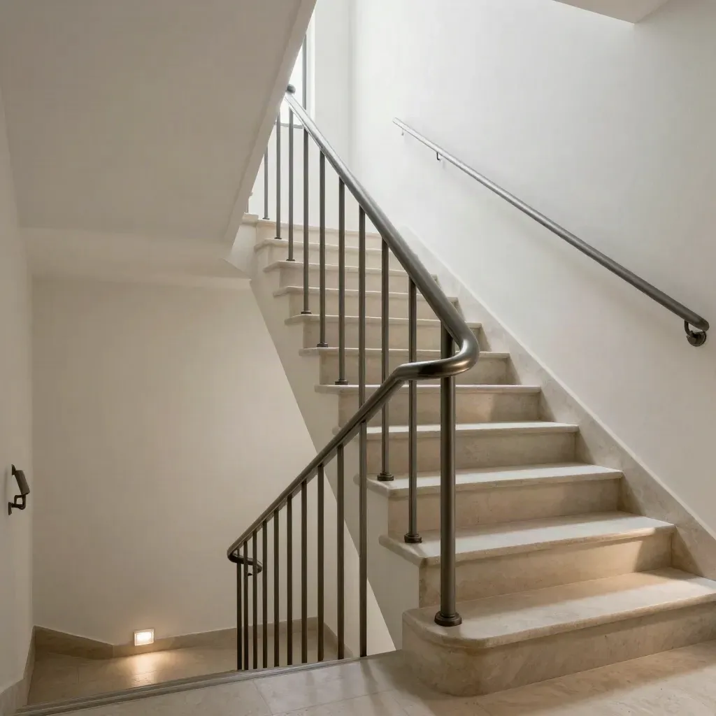Cage d’escalier de copropriété rénovée, paliers dégagés, mains courantes neuves et lumière propre.