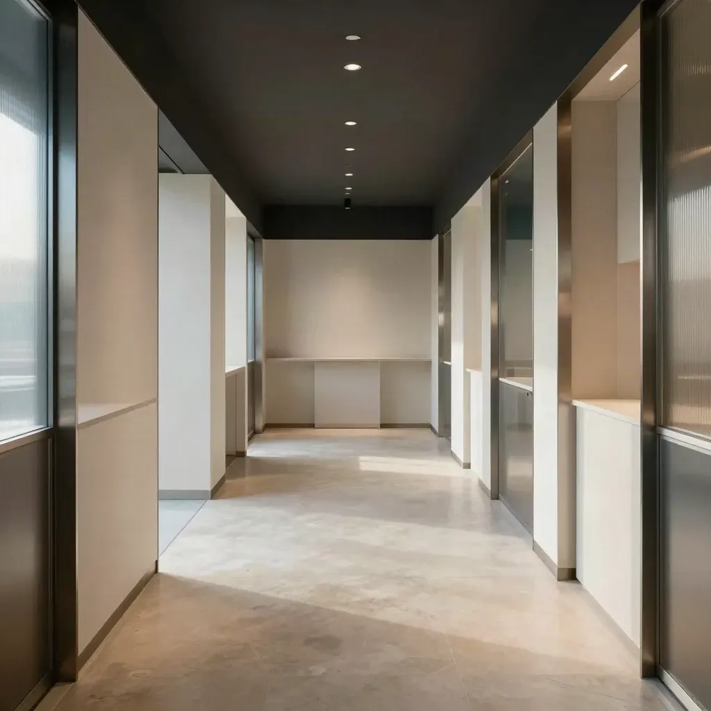 Boutique rénovée vide, sol neuf, cloisons nettes et éclairage discret avant ouverture.