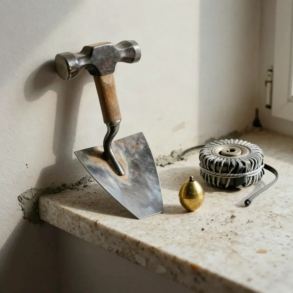 Outils de maçon sur pierre travertin, éclairage dramatique et poussière de chantier.