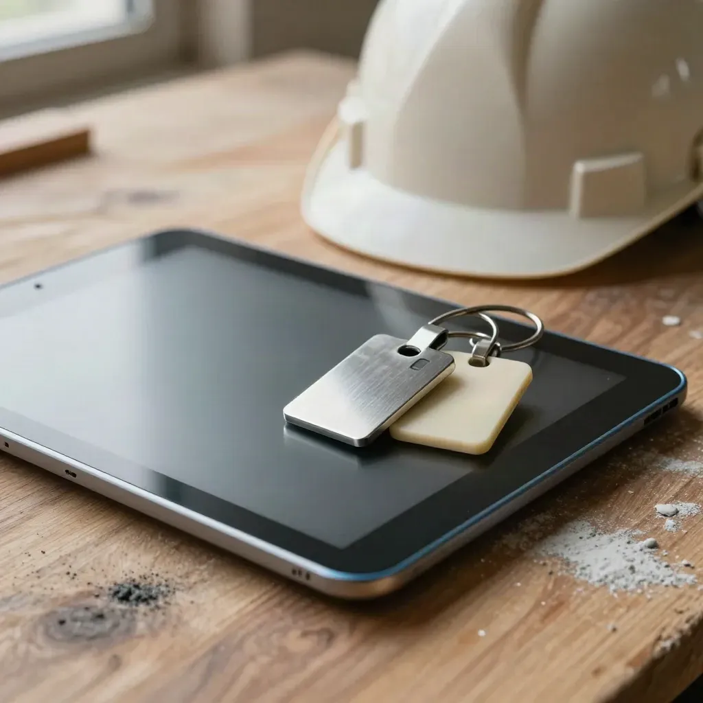 Tablette chantier, clé de contrôle et badges matériaux sur établi, casque flou derrière.
