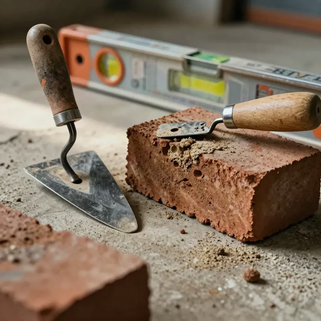 Gros plan d’un niveau, d’une taloche et d’une brique coupée, couverts de poussière de mortier.