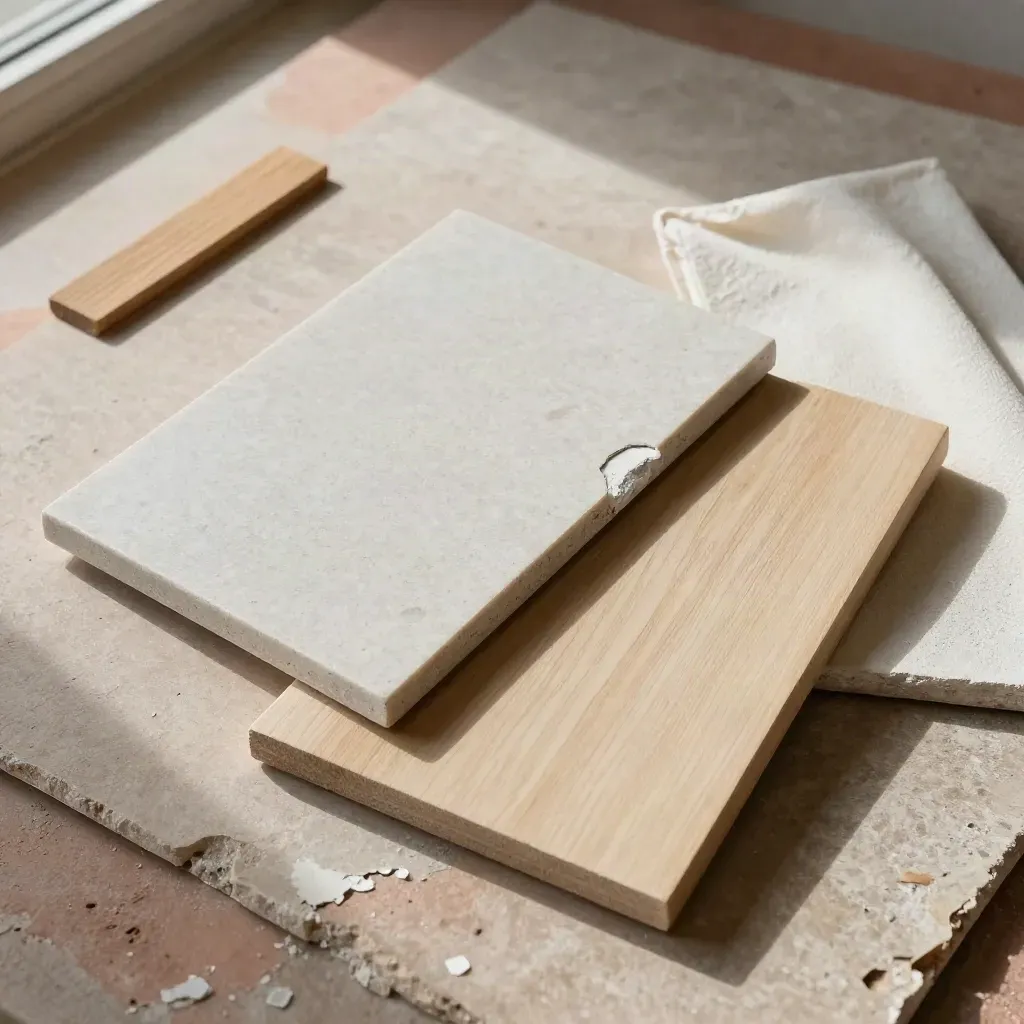 Échantillons de finitions pour travaux, vus en plongée sur une surface brute.