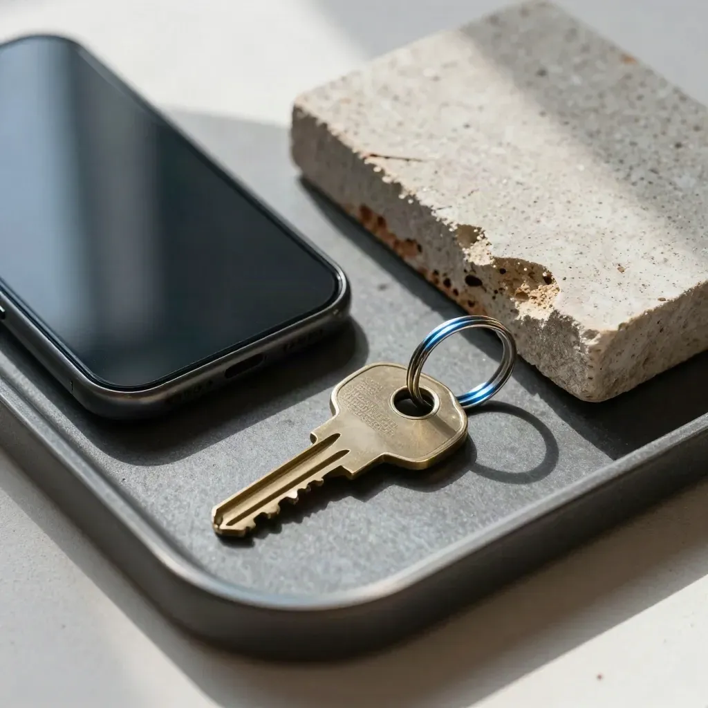 Clé de maison, téléphone éteint, brique et pierre de façade sur un plateau sombre.