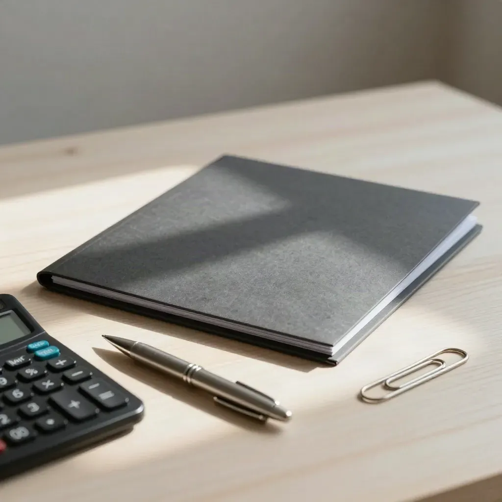 Chemise de devis, calculatrice, stylo et trombone sur bois clair.