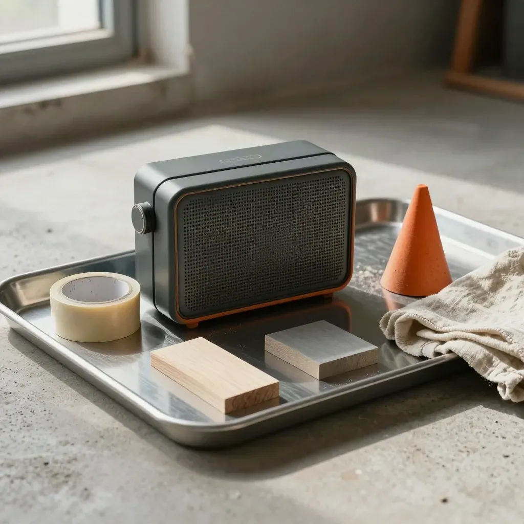 Radio de chantier, ruban de masquage, cône orange, cale bois et joint sur plateau métallique.