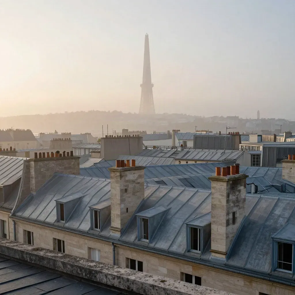 Toits en zinc franciliens au lever du jour, repère urbain dans la brume.