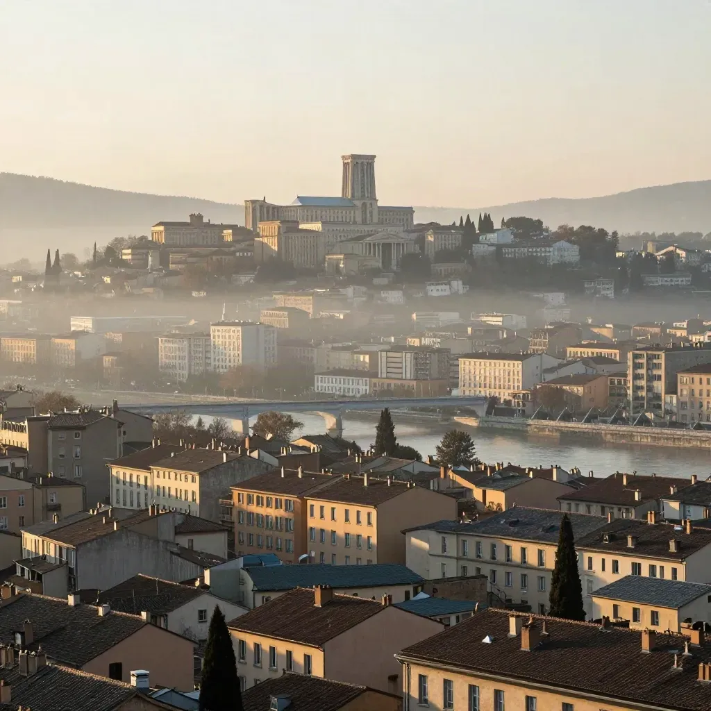 Vue dorée de Lyon et des reliefs d’Auvergne-Rhône-Alpes, ciel brumeux et espace calme pour le titre.
