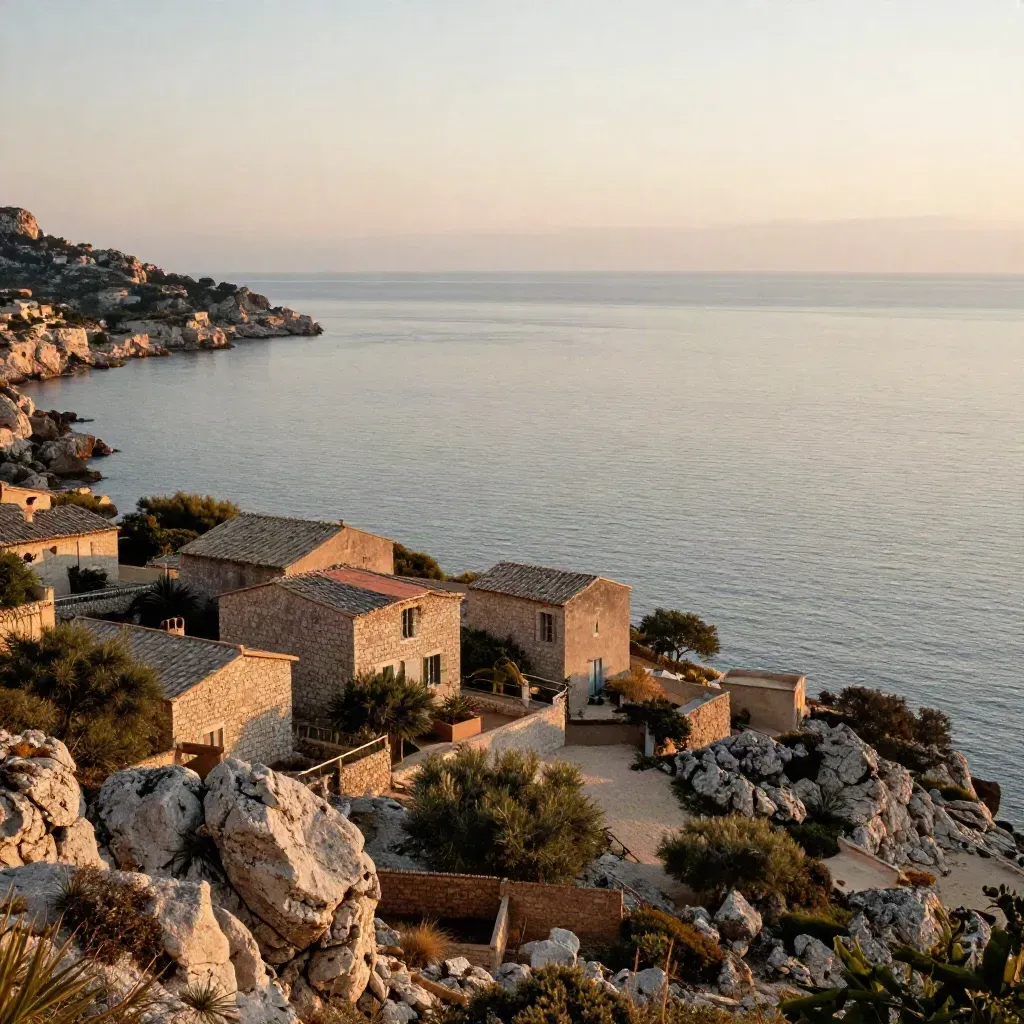 Côte méditerranéenne de Provence-Alpes-Côte d’Azur au soleil bas, calme et brume douce.