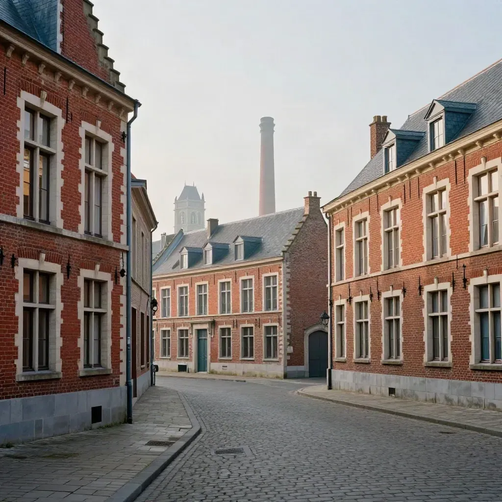 Façades de brique des Hauts-de-France dans la brume, ciel bas et grande place claire.